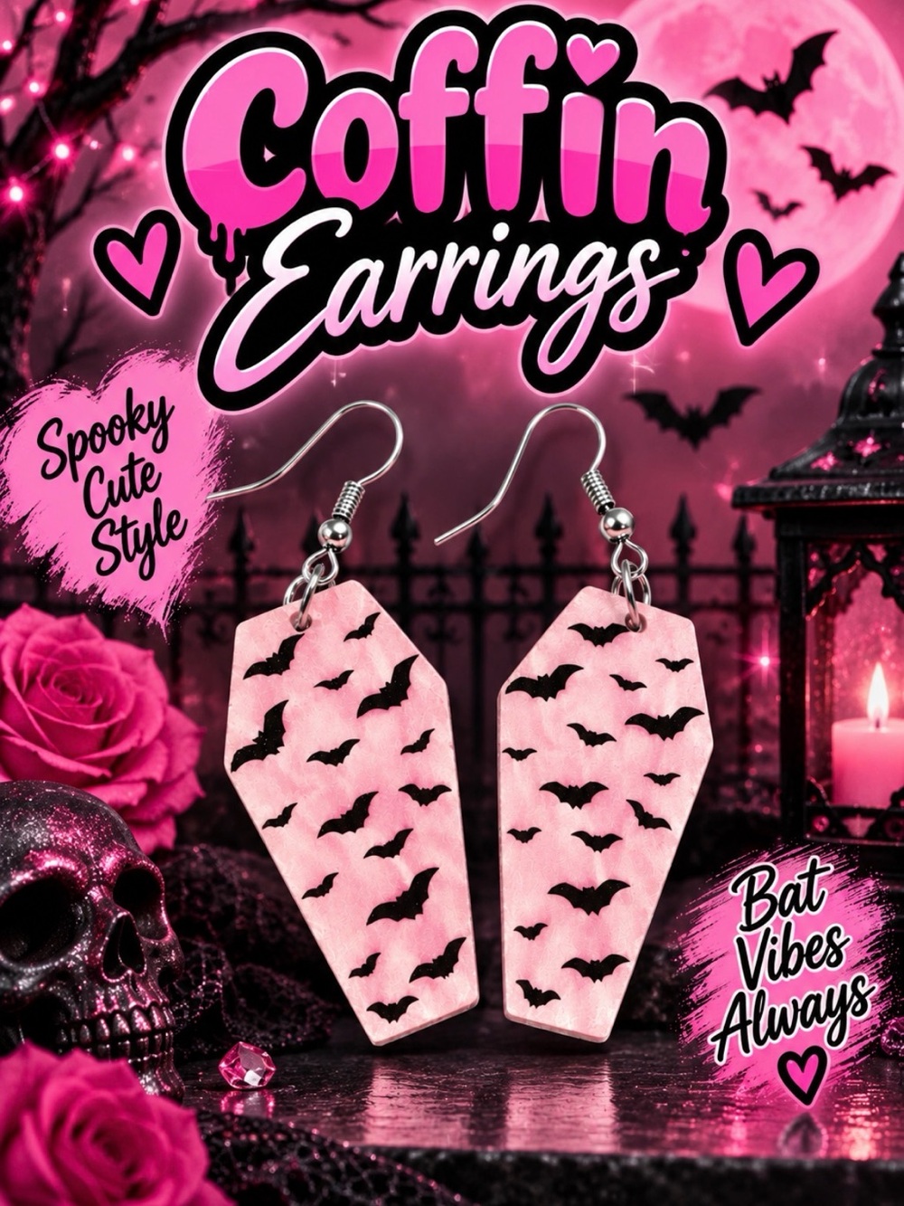 Coffin Bat Pink Dangle Earrings
